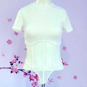 New Love J Short Sleeve Stretch Ribbon White Sheer Meshed Bottom Bodysuit Size S